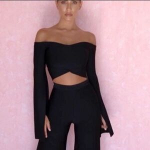 HOUSE OF CB Crop Top Off Shoulder Bandage Flare Slit Sleeves Black Size XS